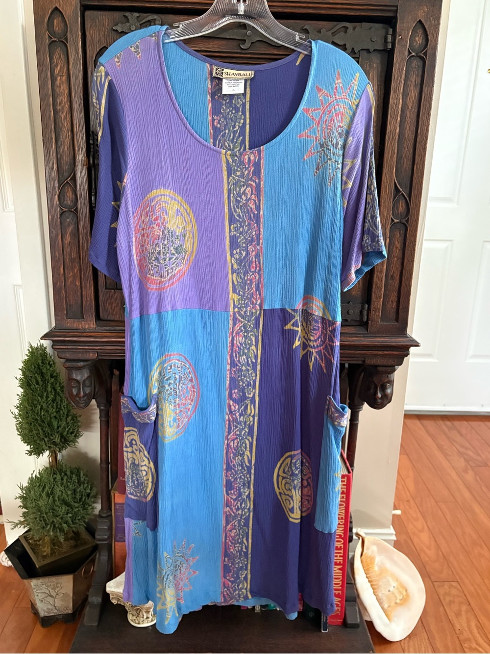 Shaybali: 1X, Blue & Purple Patterned Pocket Dress